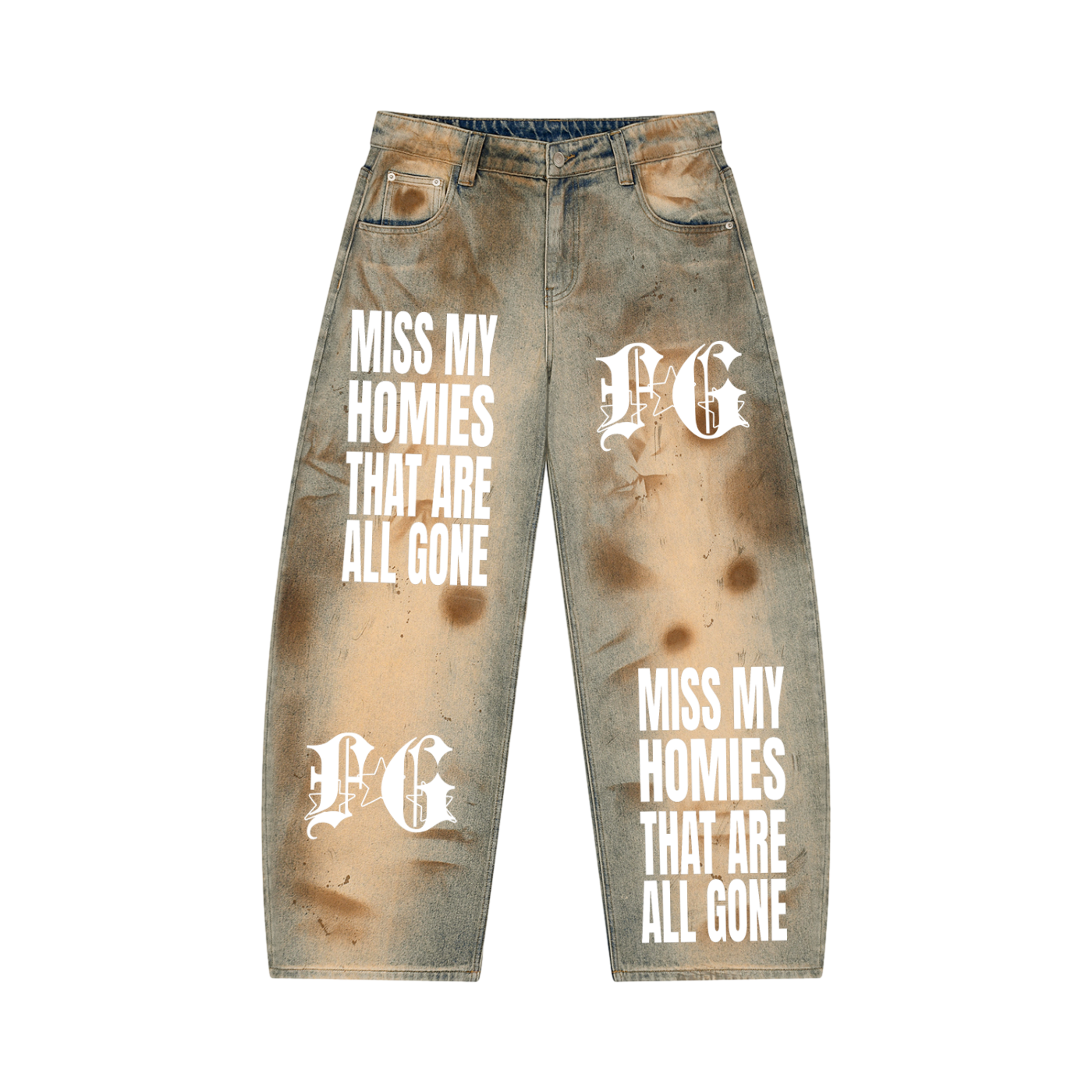 FOREVER G MISS MY HOMIES THAT ARE ALL GONE ALL OVER PRINT VINTAGE BARREL BAGGY JEANS