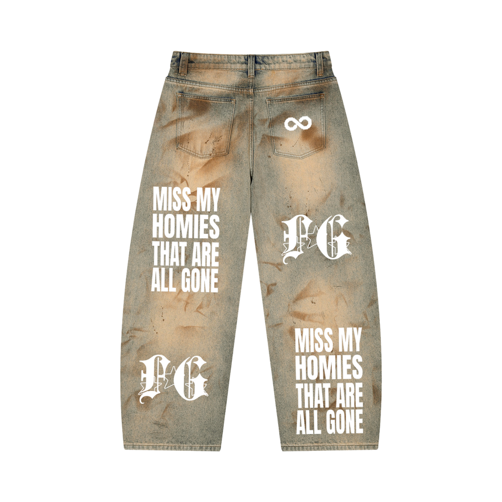 FOREVER G MISS MY HOMIES THAT ARE ALL GONE ALL OVER PRINT VINTAGE BARREL BAGGY JEANS