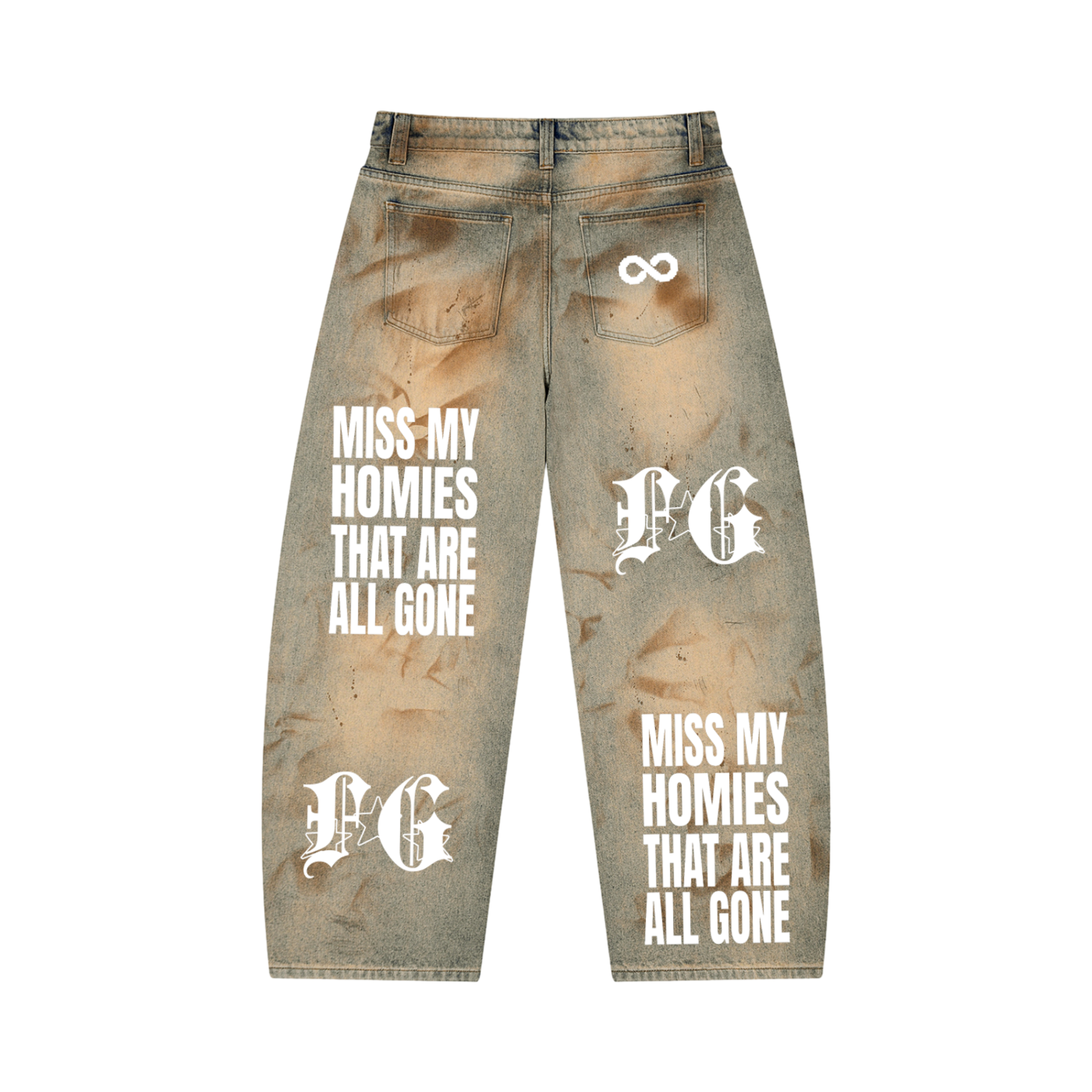 FOREVER G MISS MY HOMIES THAT ARE ALL GONE ALL OVER PRINT VINTAGE BARREL BAGGY JEANS